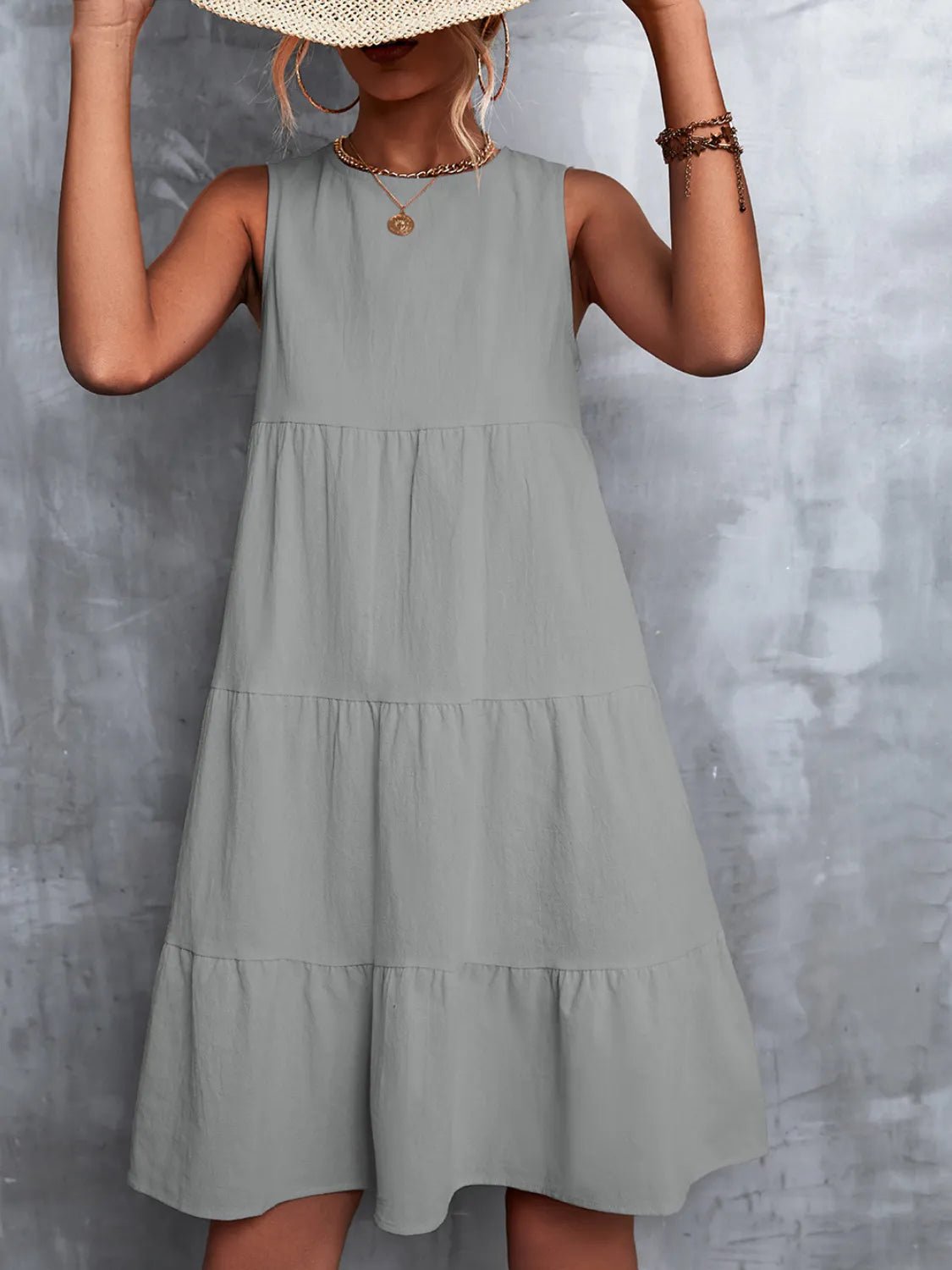 Tiered Round Neck Sleeveless Mini Tank Dress - Lookzlike