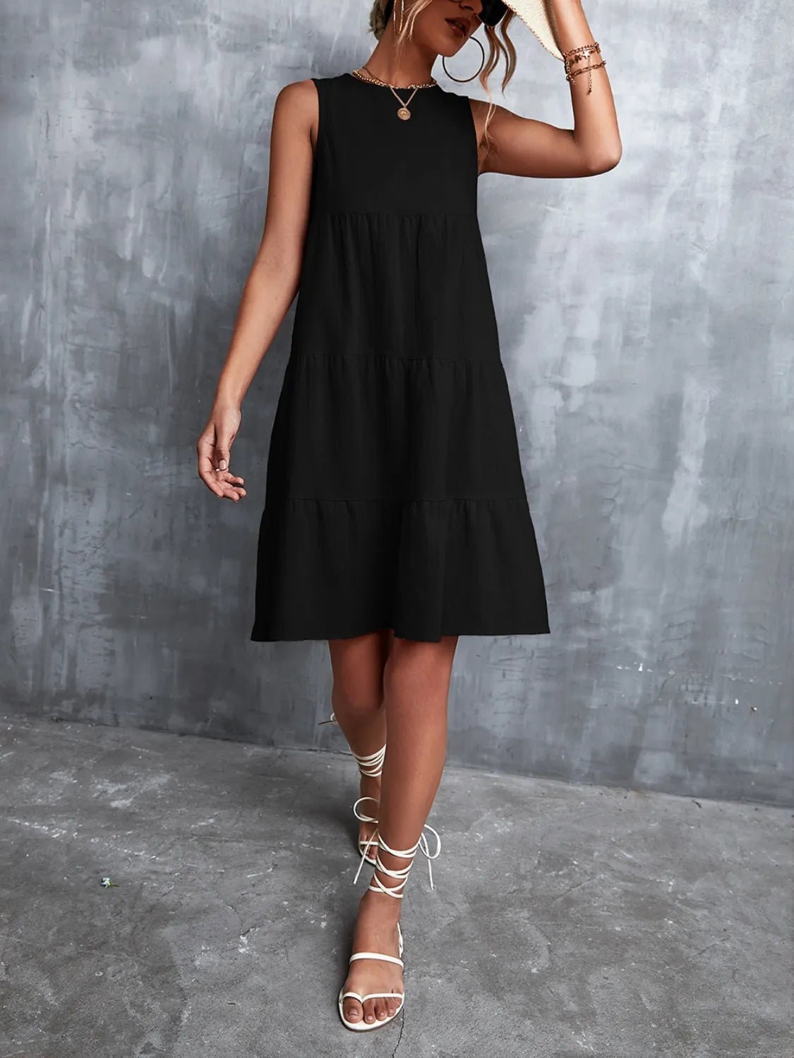 Tiered Round Neck Sleeveless Mini Tank Dress - Lookzlike