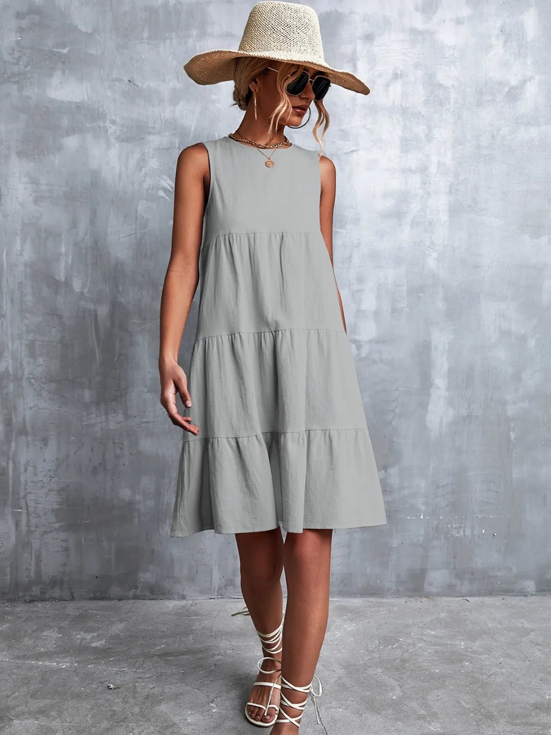Tiered Round Neck Sleeveless Mini Tank Dress - Lookzlike
