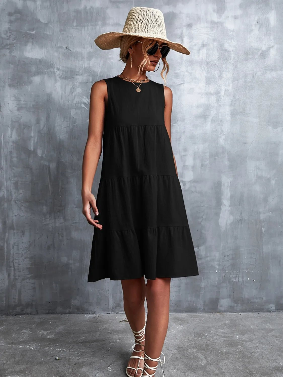 Tiered Round Neck Sleeveless Mini Tank Dress - Lookzlike