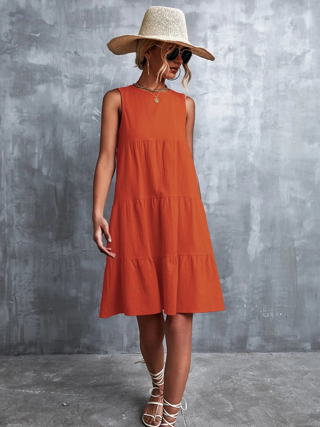 Tiered Round Neck Sleeveless Mini Tank Dress - Lookzlike