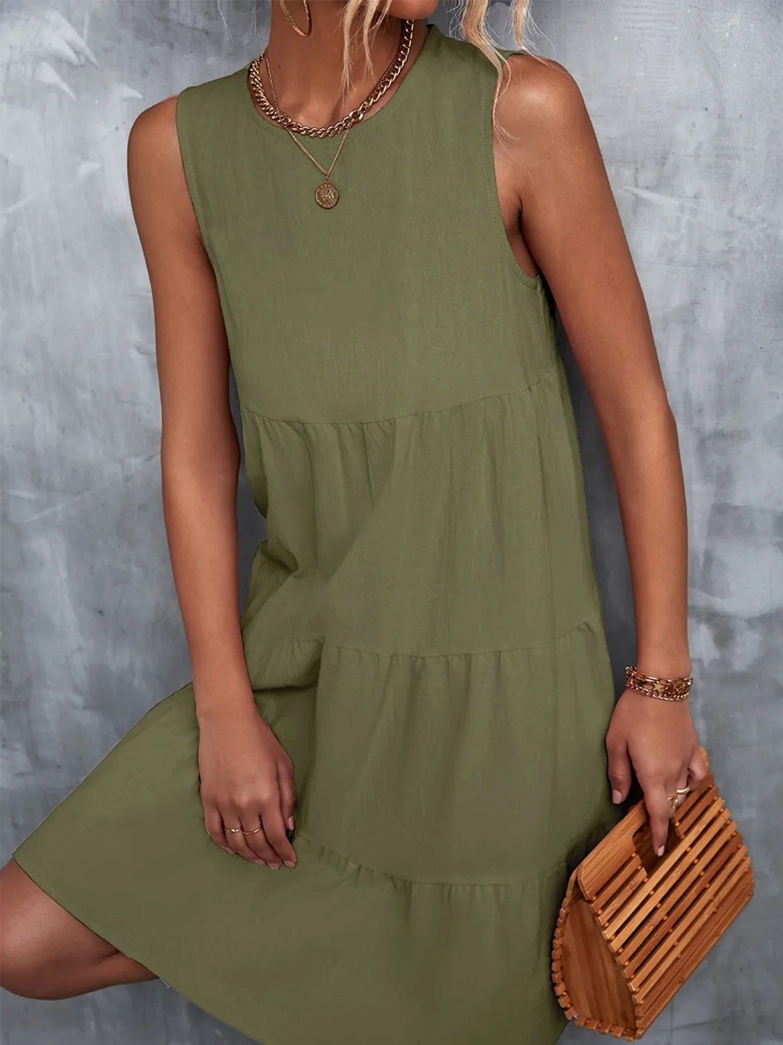 Tiered Round Neck Sleeveless Mini Tank Dress - Lookzlike