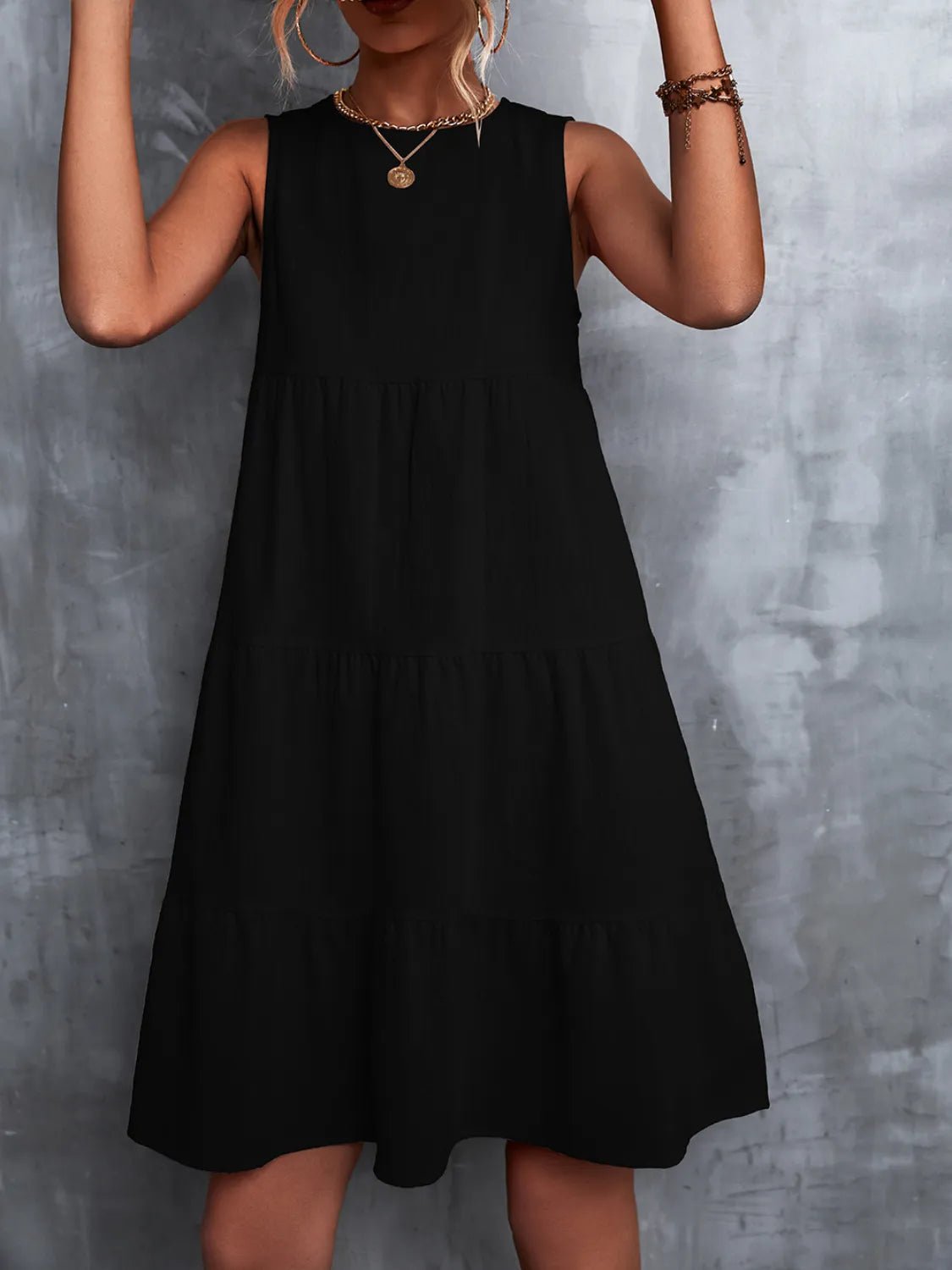 Tiered Round Neck Sleeveless Mini Tank Dress - Lookzlike