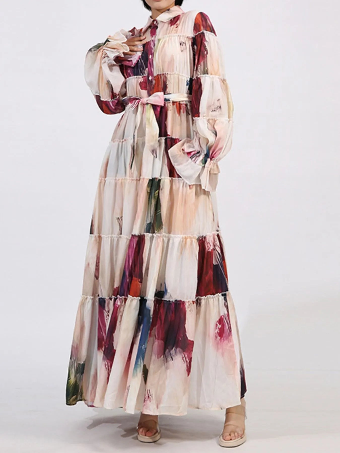 Tiered Tie Waist Maxi Dress designed for comfort and style at Lookzlike