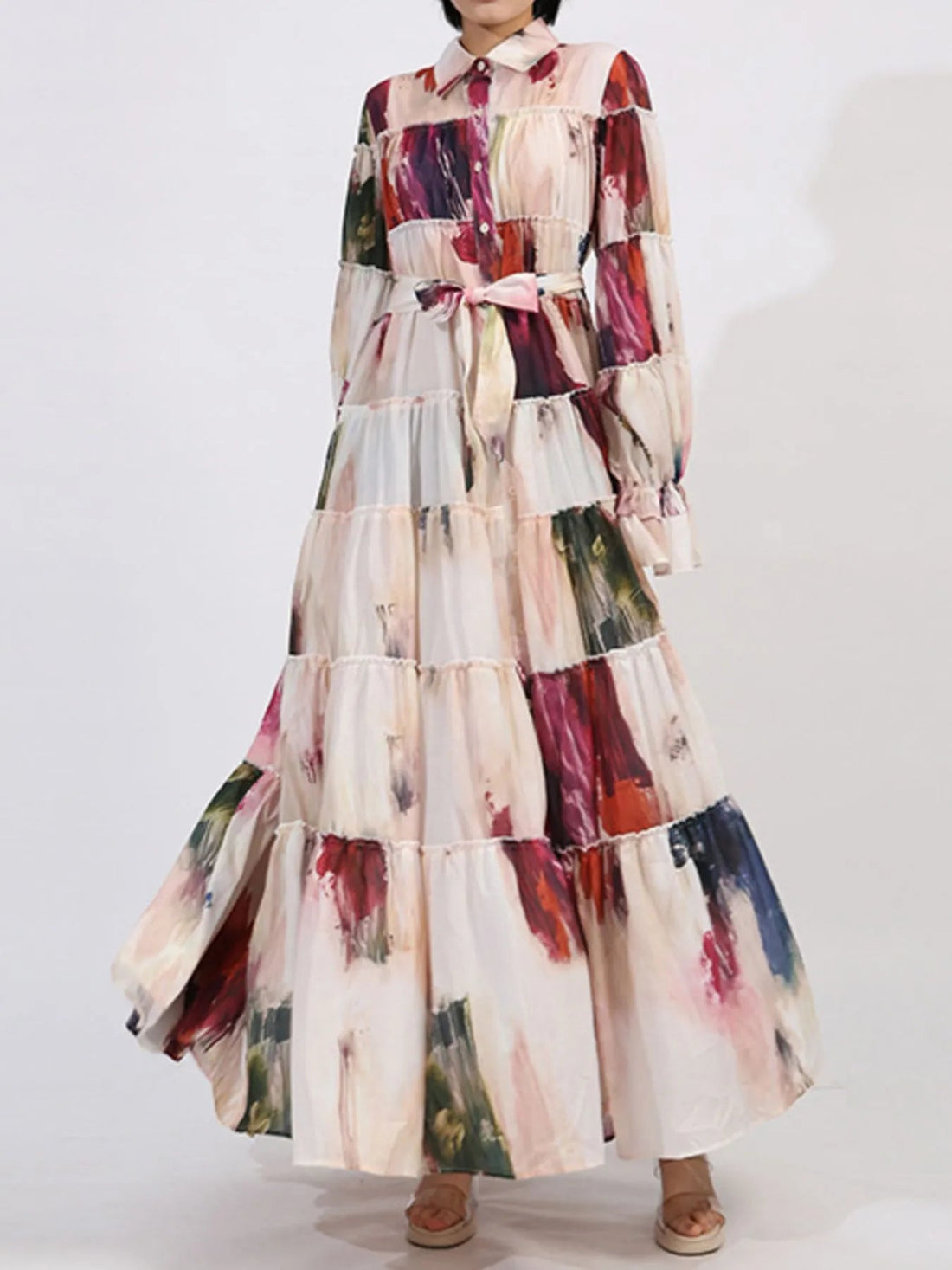Tiered Tie Waist Maxi Dress designed for comfort and style at Lookzlike