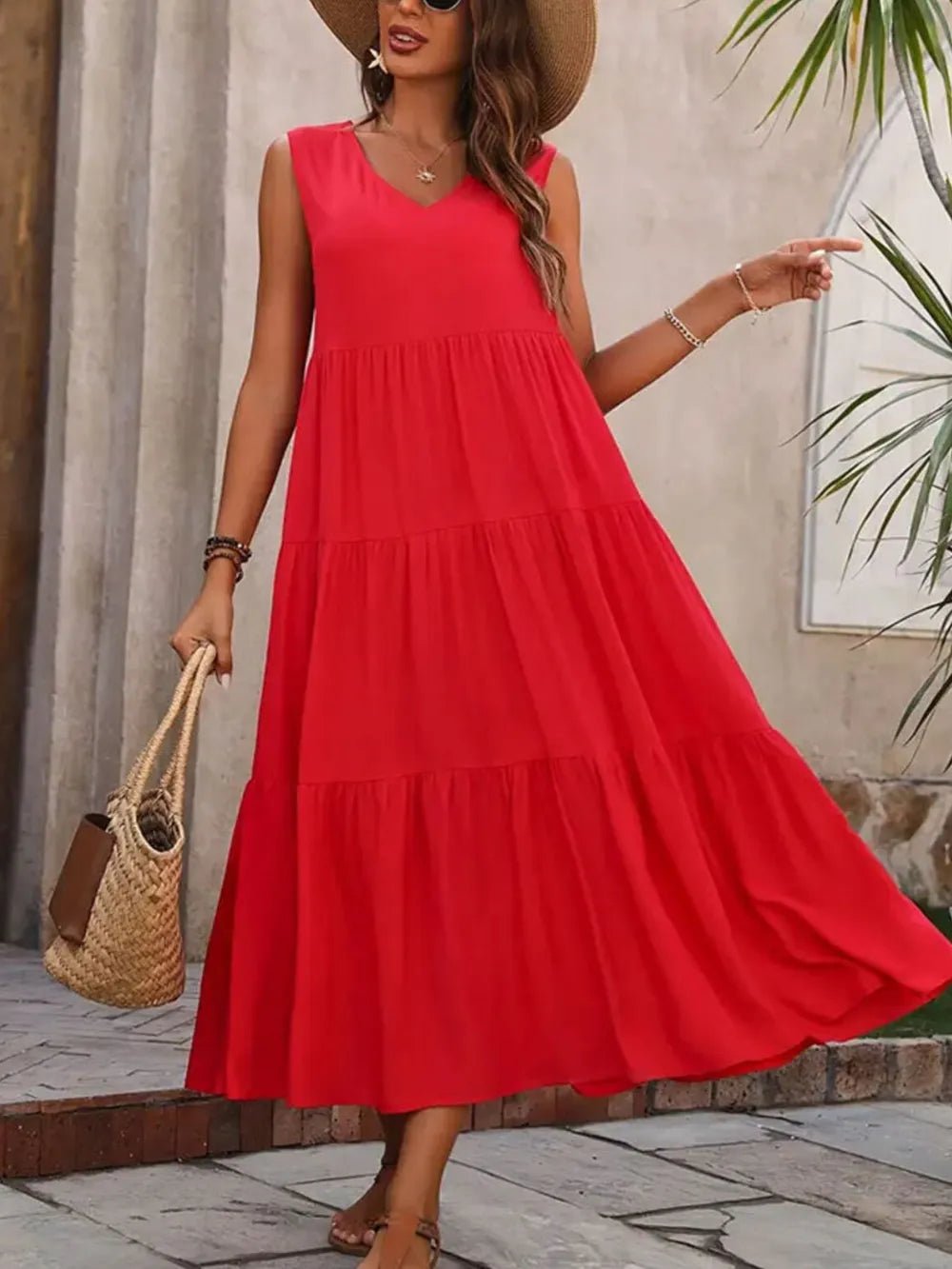 Tiered V-Neck Sleeveless Dress designed for comfort and style at Lookzlike