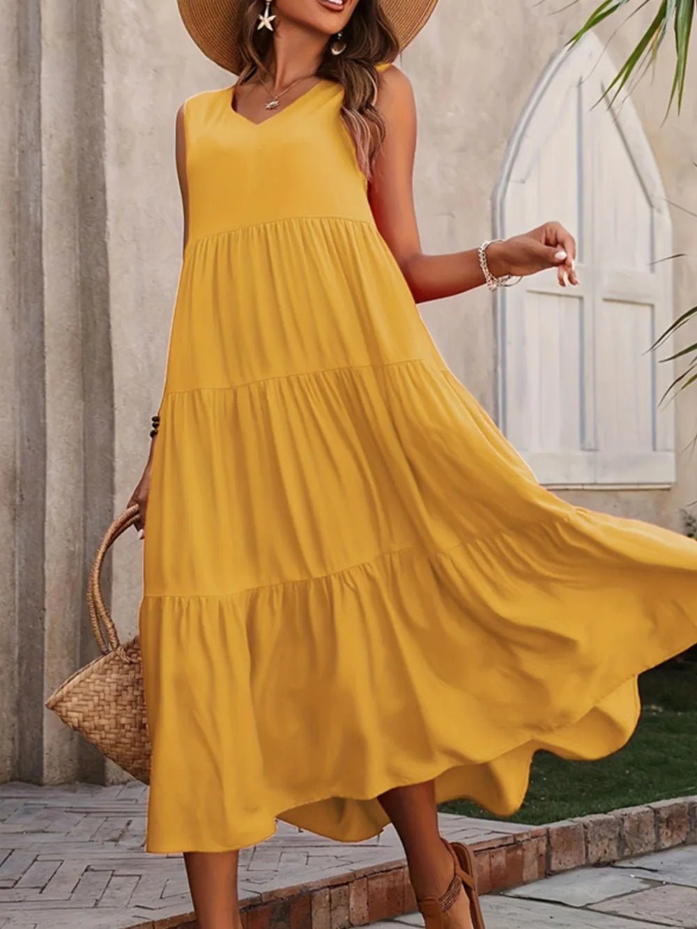 Tiered V-Neck Sleeveless Dress designed for comfort and style at Lookzlike