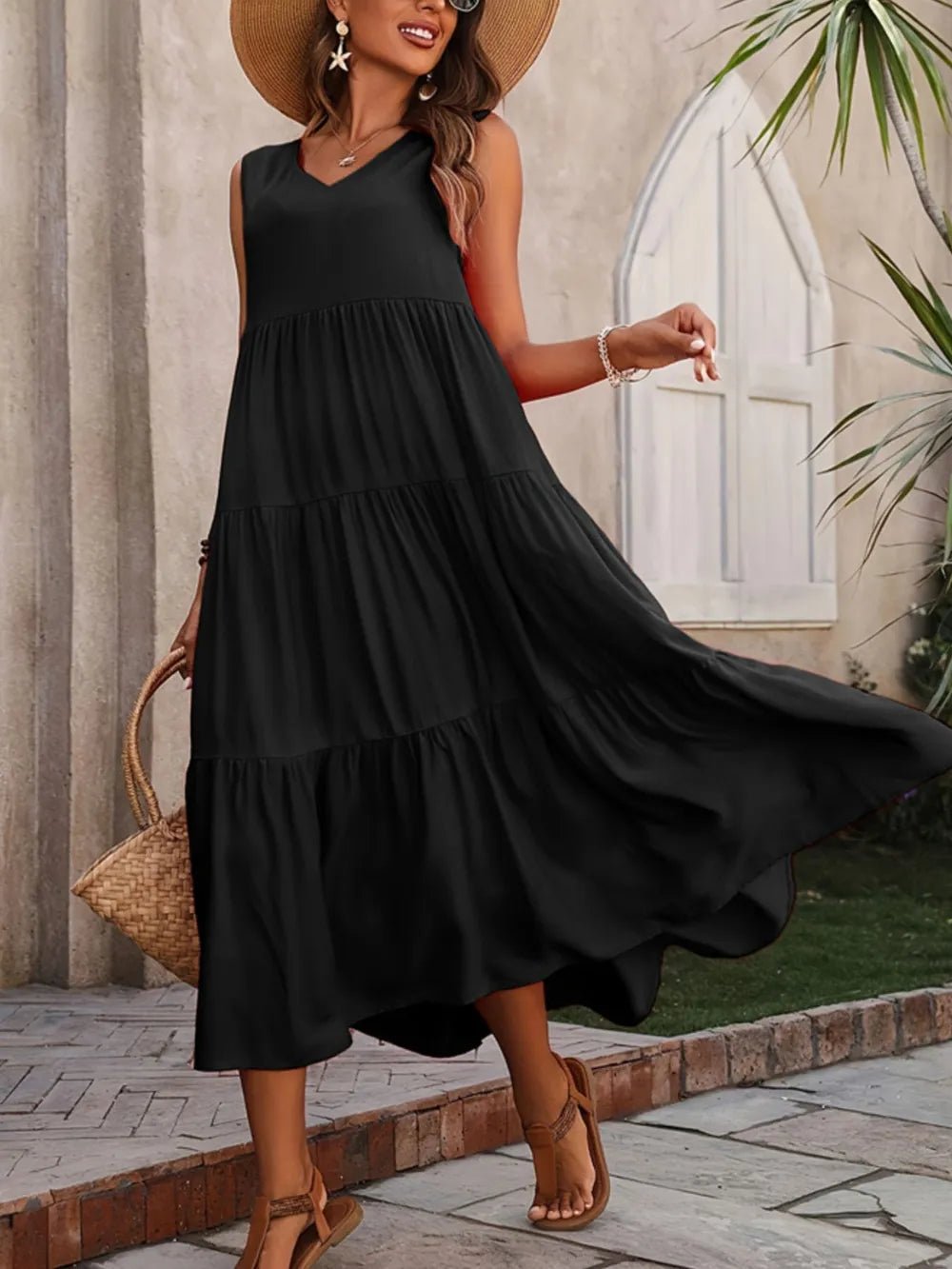 Tiered V-Neck Sleeveless Dress designed for comfort and style at Lookzlike
