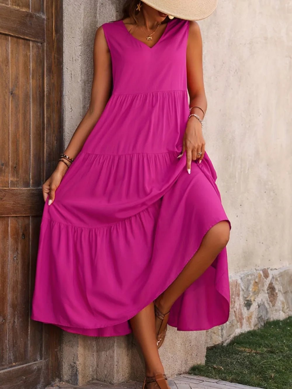 Tiered V-Neck Sleeveless Dress designed for comfort and style at Lookzlike