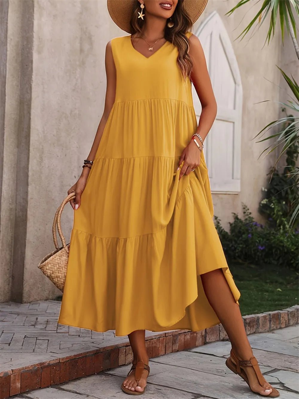 Tiered V-Neck Sleeveless Dress designed for comfort and style at Lookzlike
