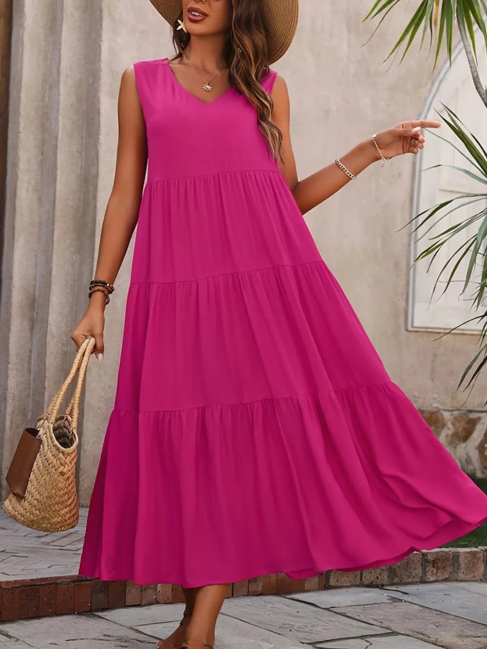Tiered V-Neck Sleeveless Dress designed for comfort and style at Lookzlike