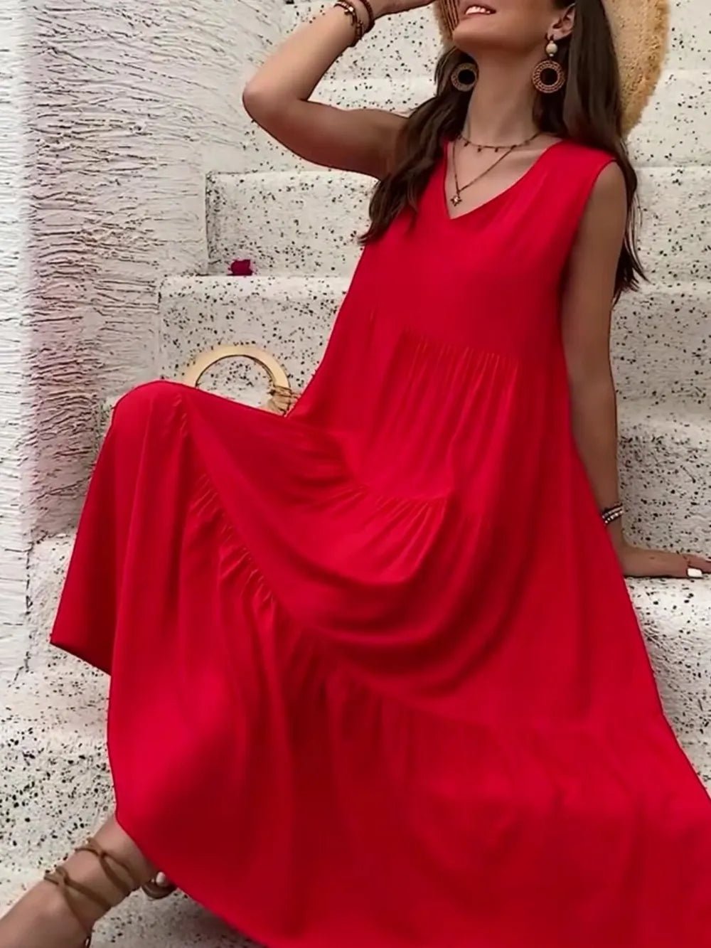 Tiered V-Neck Sleeveless Dress designed for comfort and style at Lookzlike