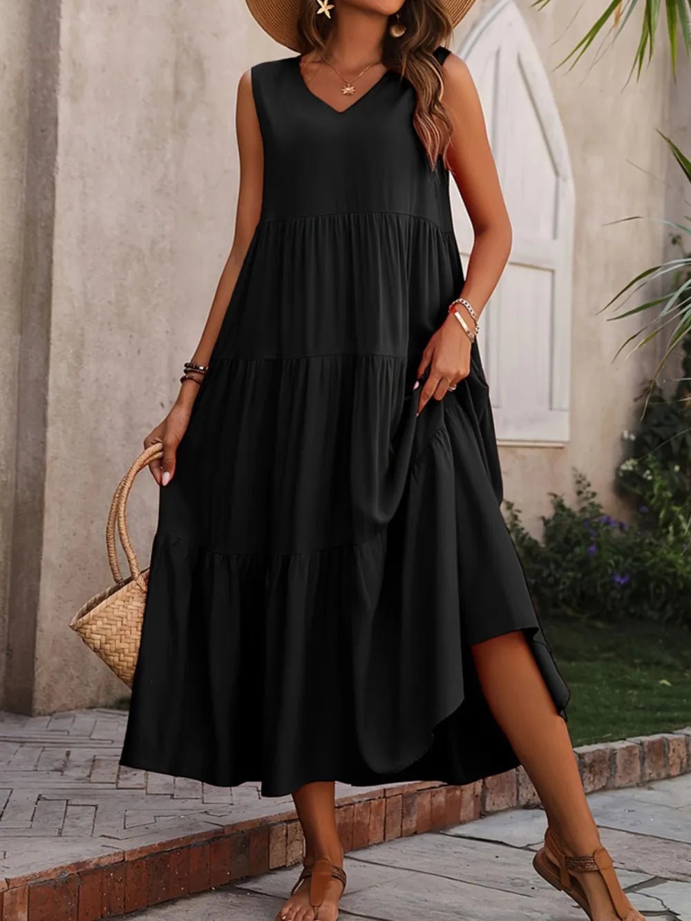 Tiered V-Neck Sleeveless Dress designed for comfort and style at Lookzlike