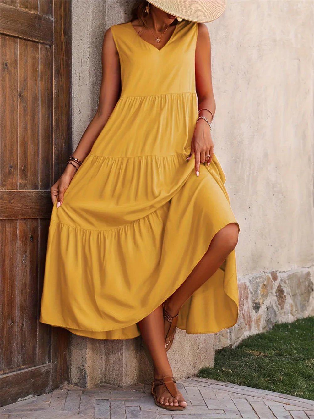 Tiered V-Neck Sleeveless Dress designed for comfort and style at Lookzlike