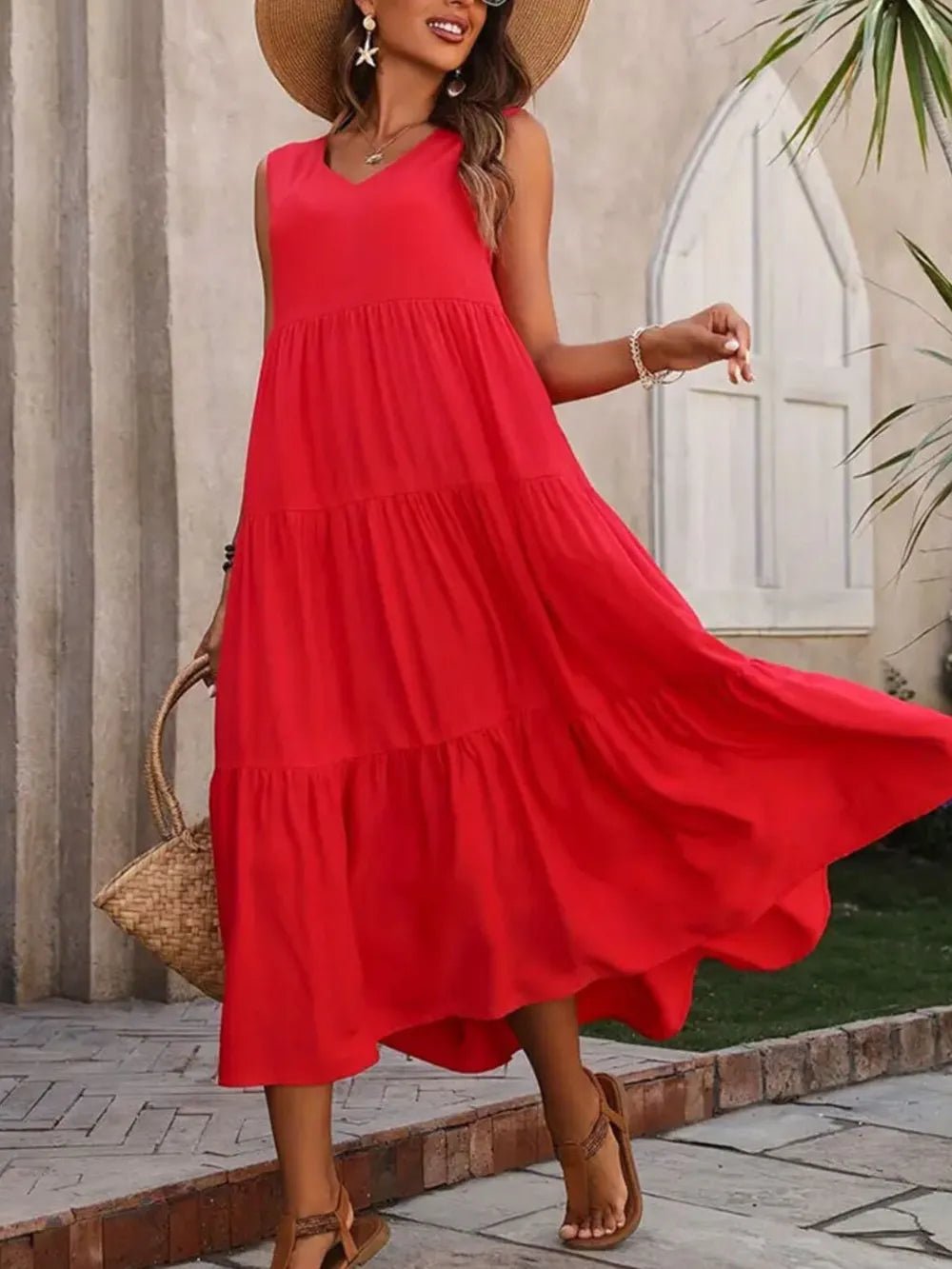 Tiered V-Neck Sleeveless Dress designed for comfort and style at Lookzlike