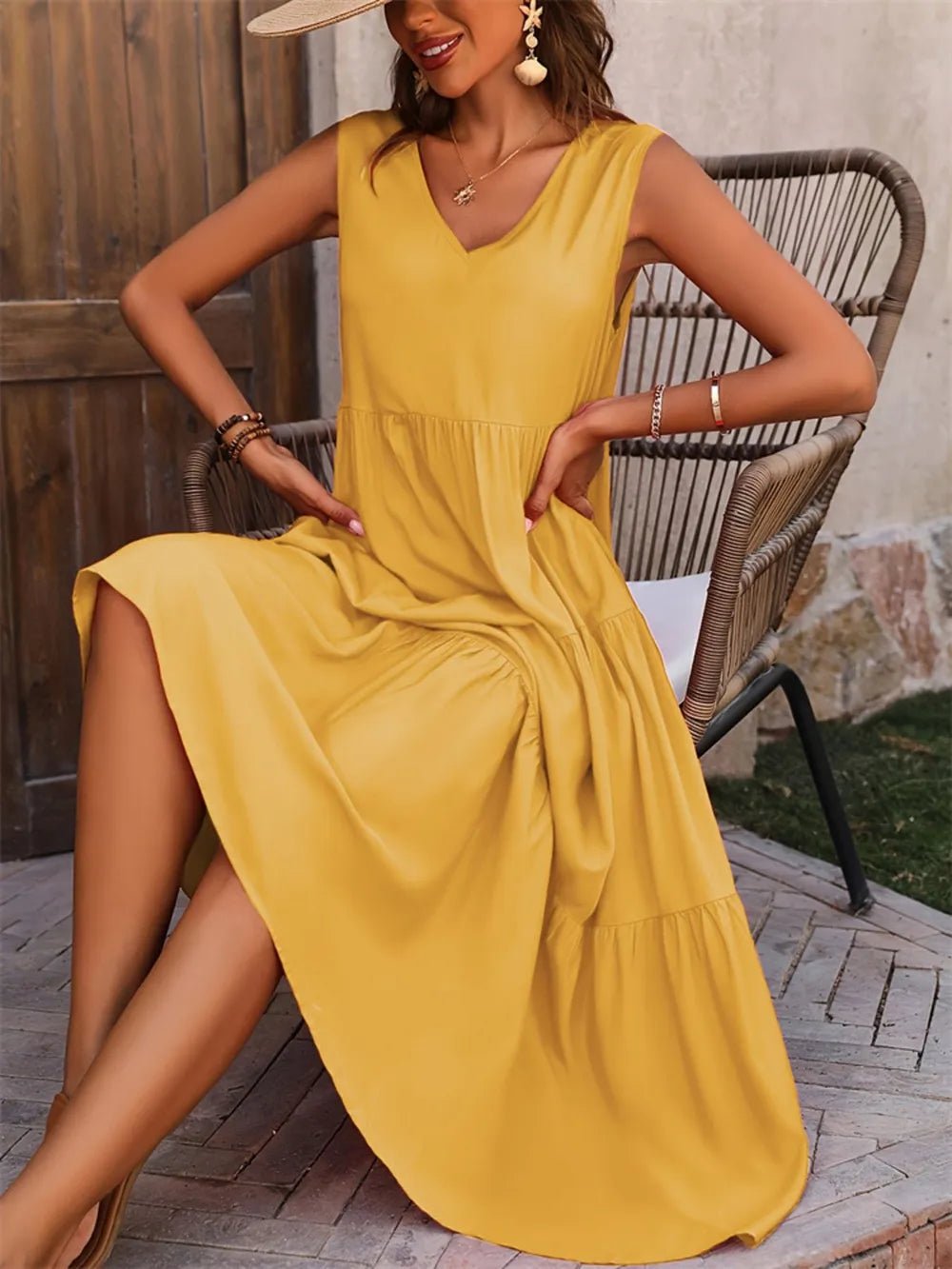 Tiered V-Neck Sleeveless Dress designed for comfort and style at Lookzlike