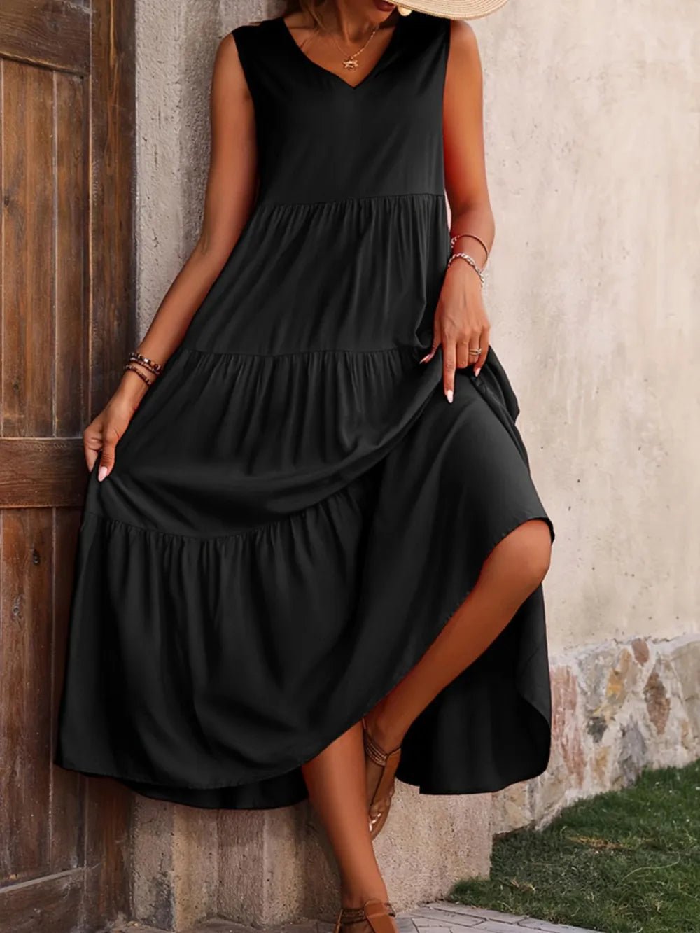 Tiered V-Neck Sleeveless Dress designed for comfort and style at Lookzlike