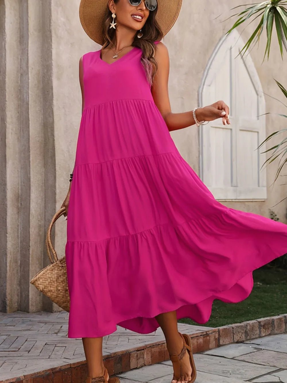 Tiered V-Neck Sleeveless Dress designed for comfort and style at Lookzlike
