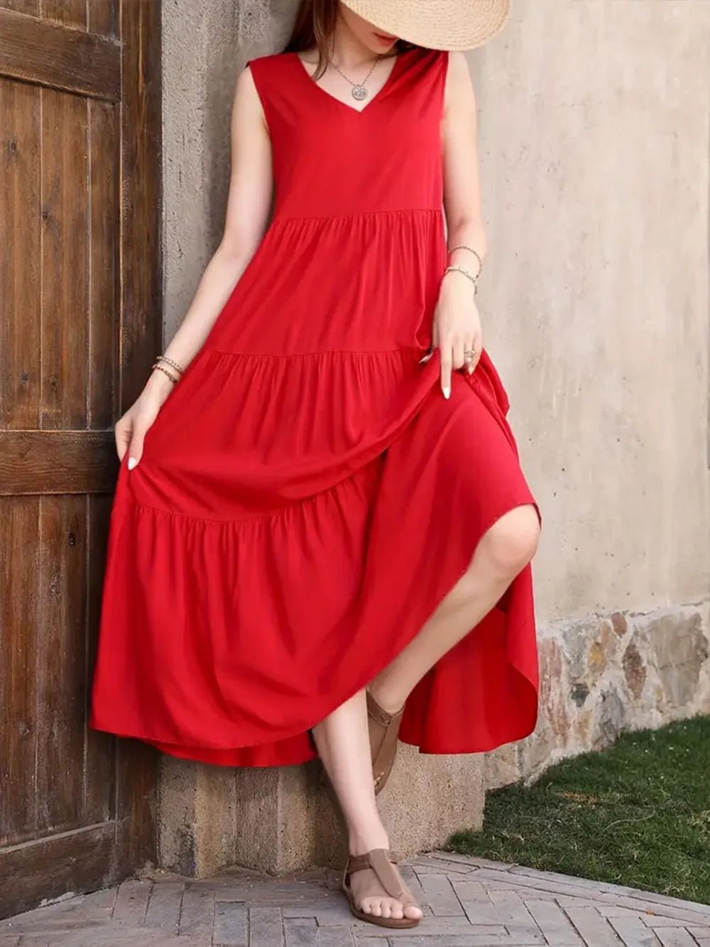 Tiered V-Neck Sleeveless Dress designed for comfort and style at Lookzlike
