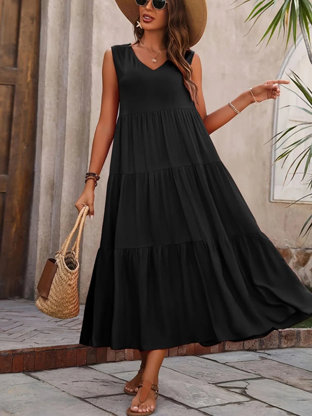 Tiered V-Neck Sleeveless Dress designed for comfort and style at Lookzlike