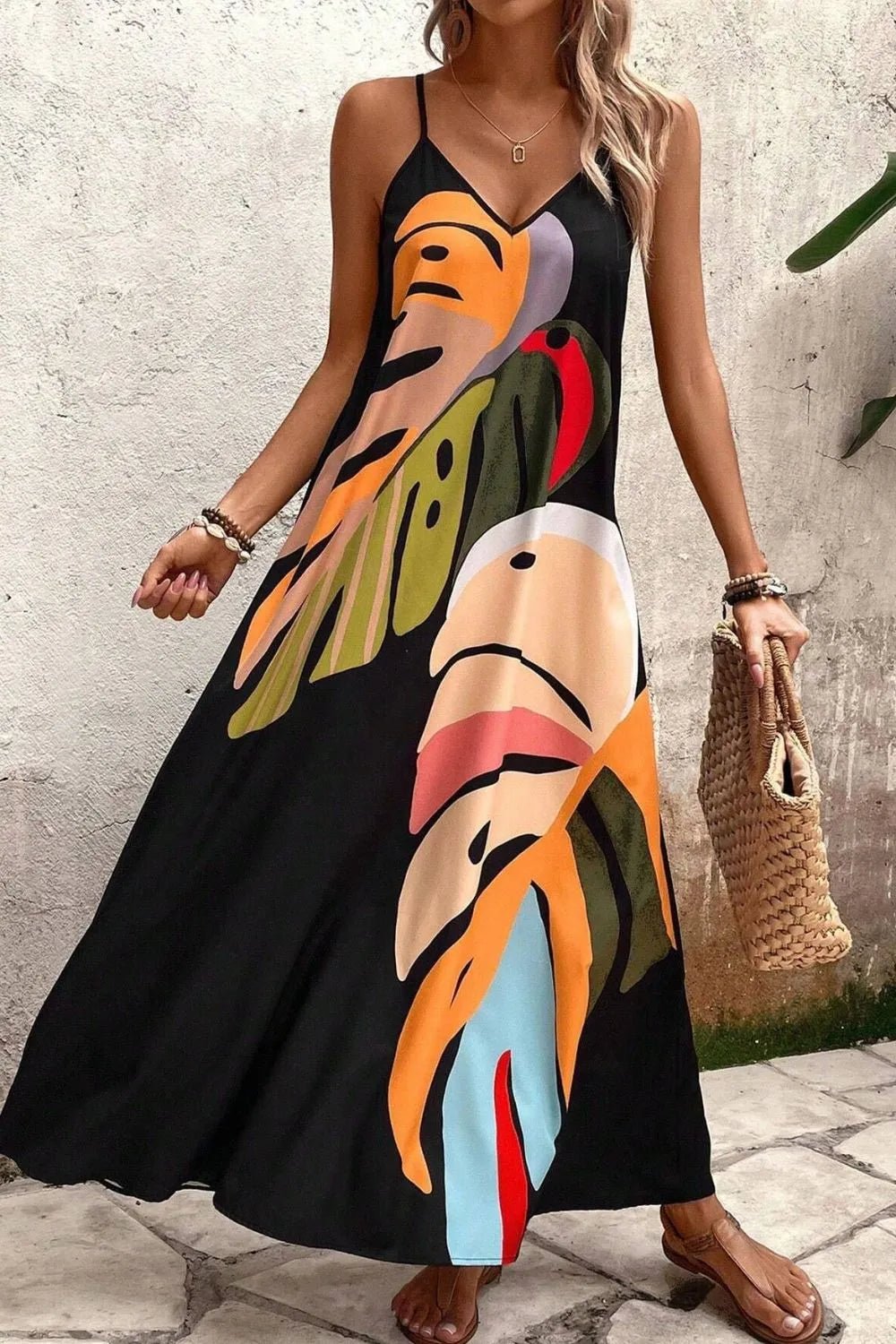 Tropical Leaf Print V-Neck Maxi Cami Dress - Lookzlike