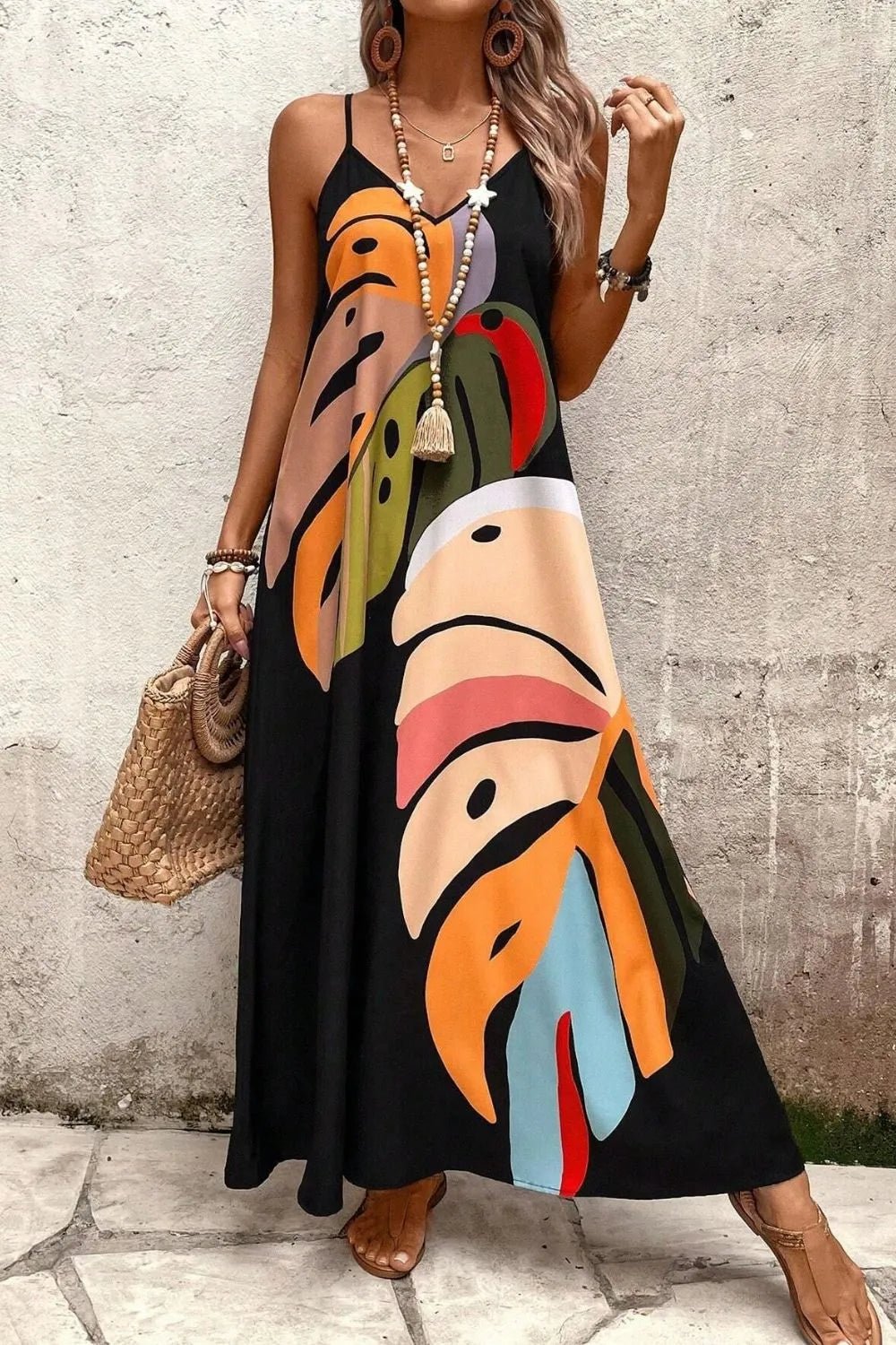 Tropical Leaf Print V-Neck Maxi Cami Dress - Lookzlike