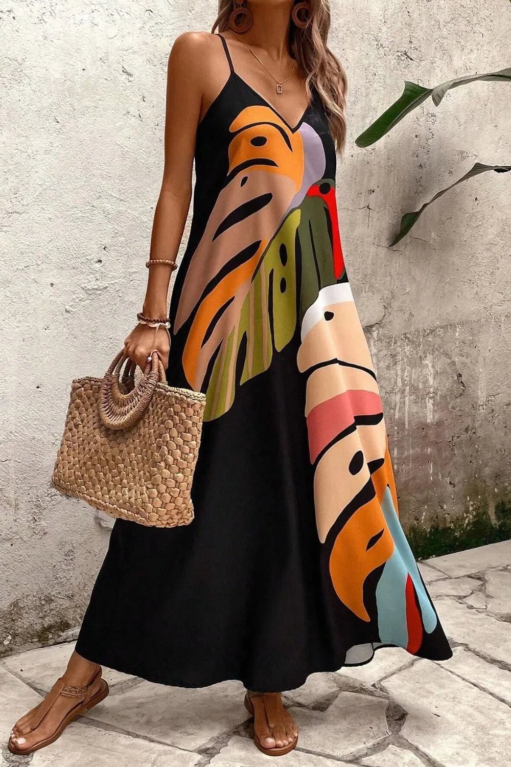 Tropical Leaf Print V-Neck Maxi Cami Dress - Lookzlike