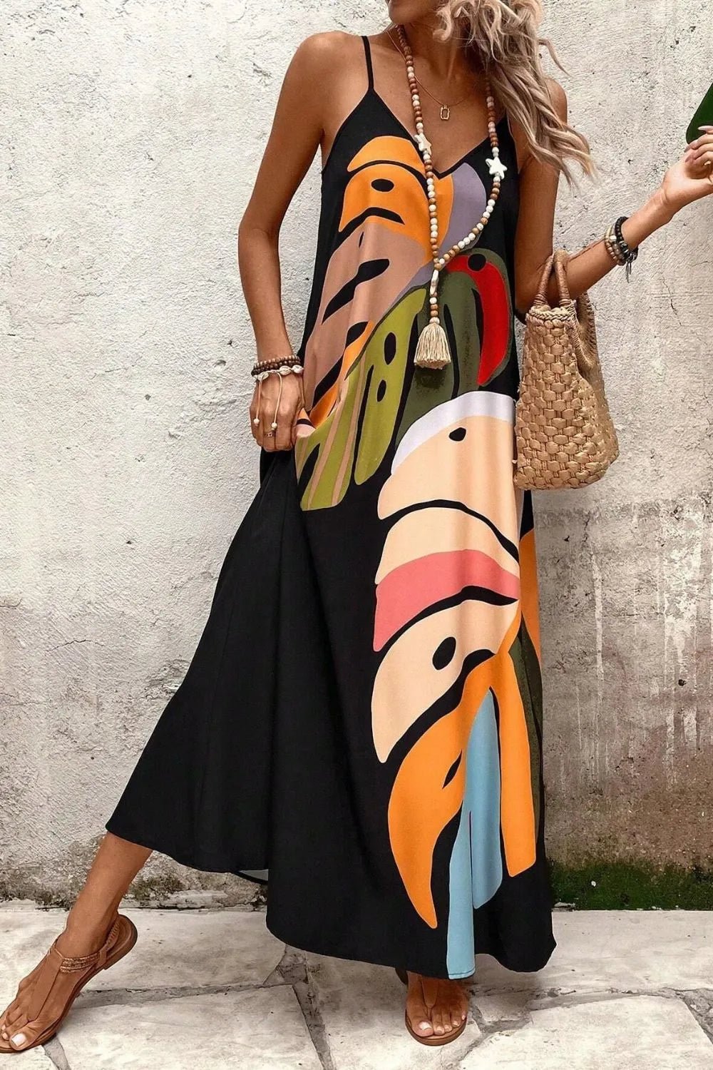 Tropical Leaf Print V-Neck Maxi Cami Dress - Lookzlike