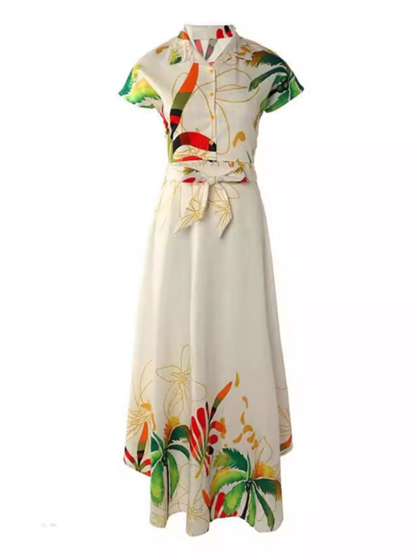 Tropical Print Button-Up Crop Top and Maxi Skirt Set、 designed for comfort and style at Lookzlike