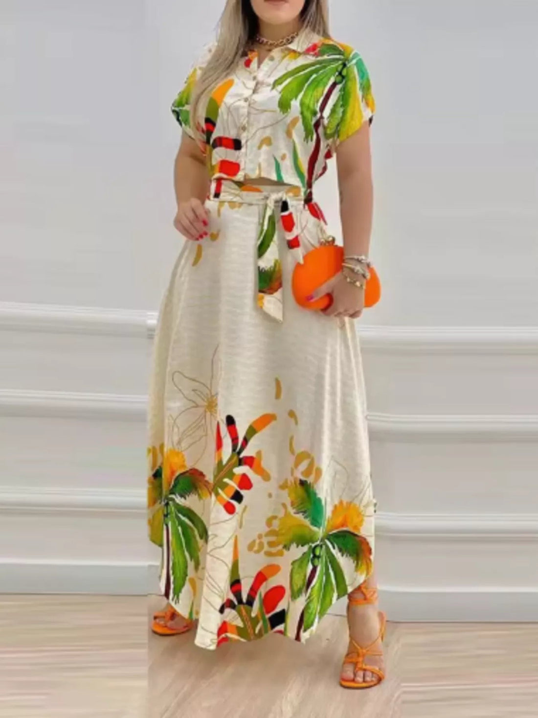 Tropical Print Button-Up Crop Top and Maxi Skirt Set、 designed for comfort and style at Lookzlike