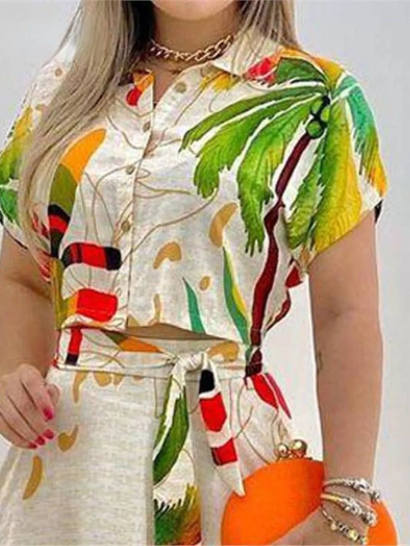 Tropical Print Button-Up Crop Top and Maxi Skirt Set、 designed for comfort and style at Lookzlike