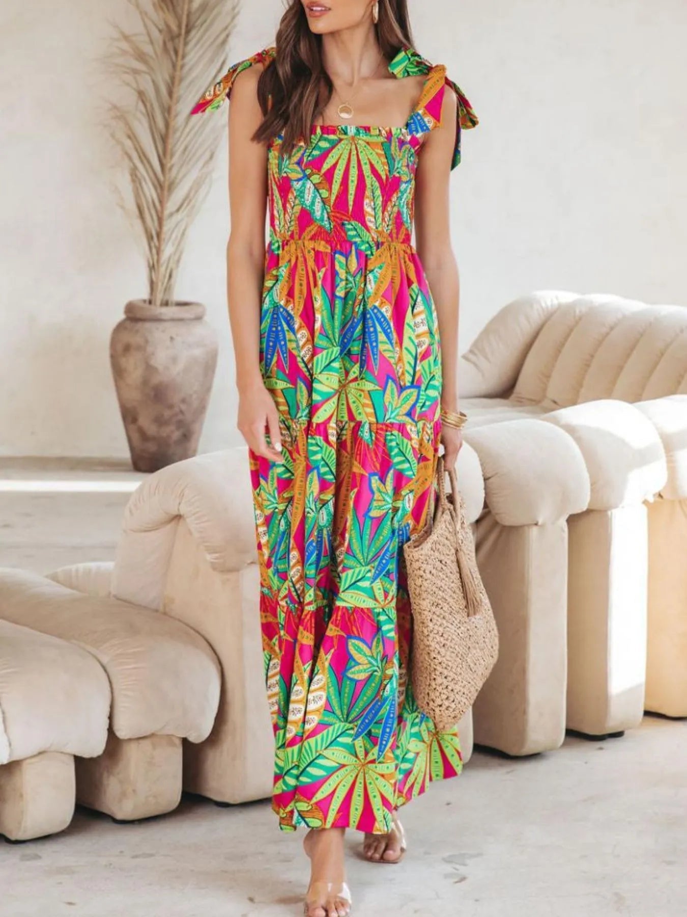 Tropical Print Tie Shoulder Maxi Dress - Lookzlike