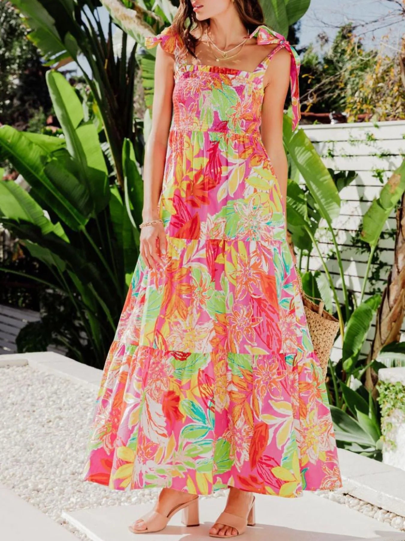 Tropical Print Tie Shoulder Maxi Dress - Lookzlike