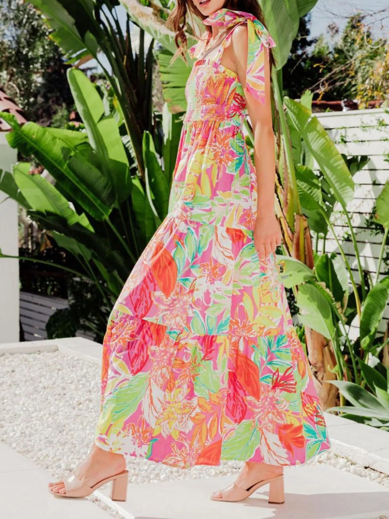 Tropical Print Tie Shoulder Maxi Dress - Lookzlike