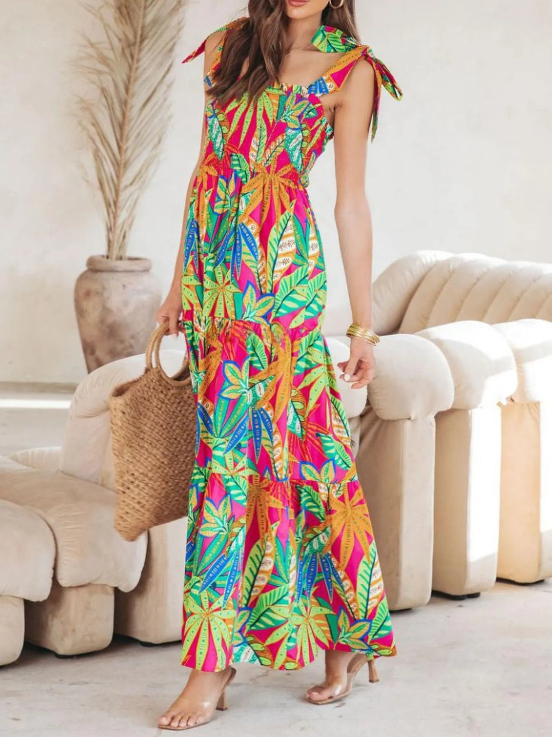 Tropical Print Tie Shoulder Maxi Dress - Lookzlike
