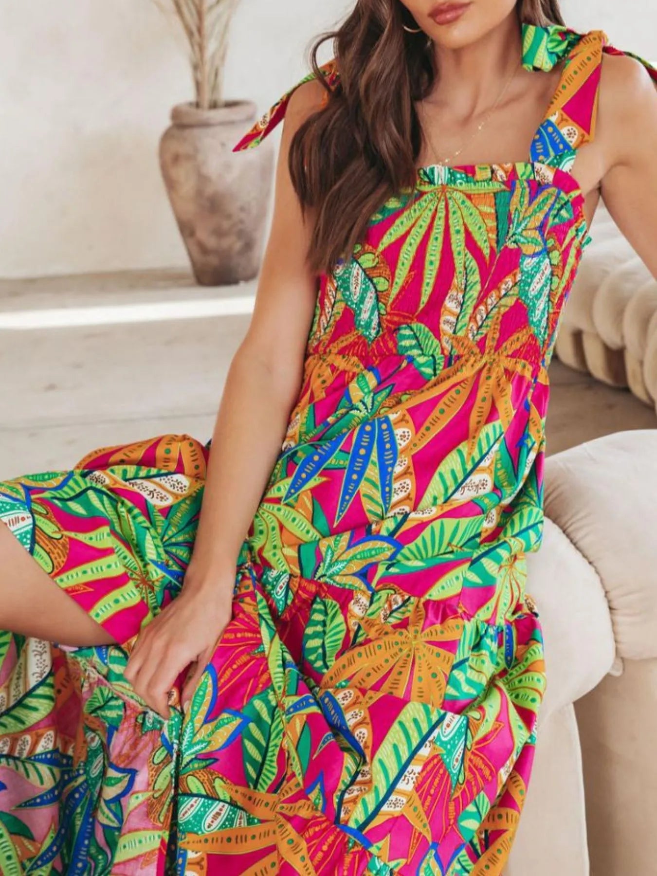 Tropical Print Tie Shoulder Maxi Dress - Lookzlike