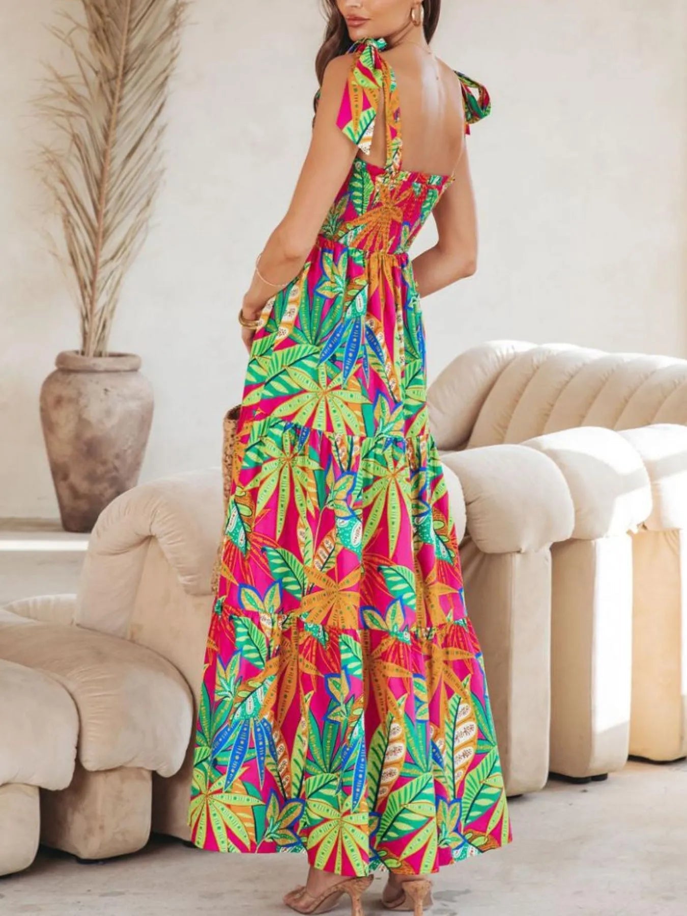 Tropical Print Tie Shoulder Maxi Dress - Lookzlike