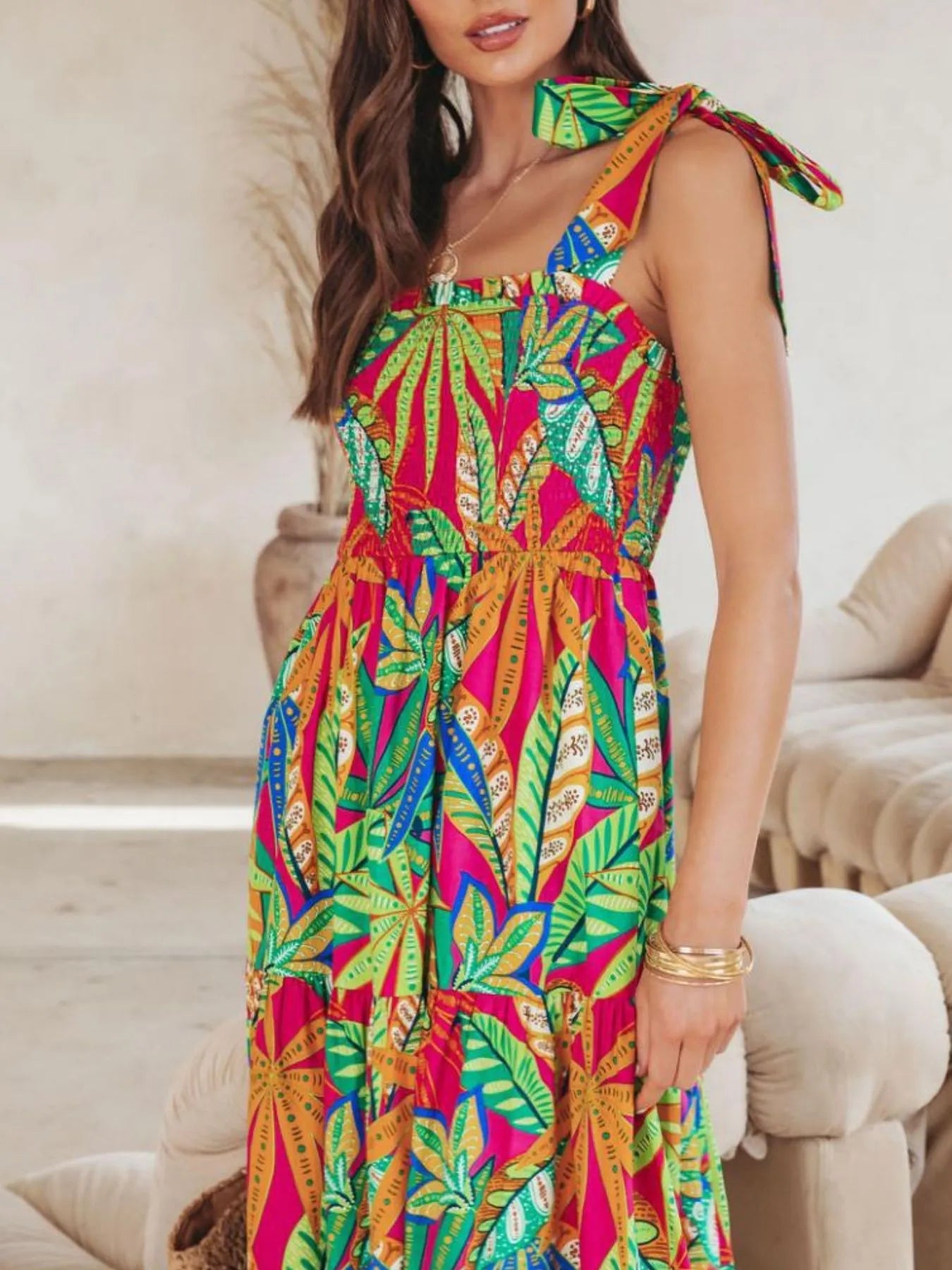 Tropical Print Tie Shoulder Maxi Dress - Lookzlike