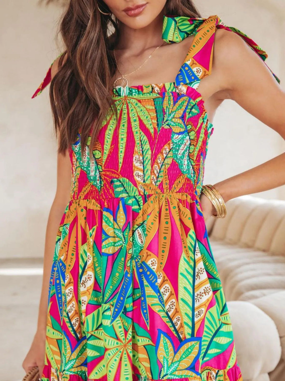 Tropical Print Tie Shoulder Maxi Dress - Lookzlike