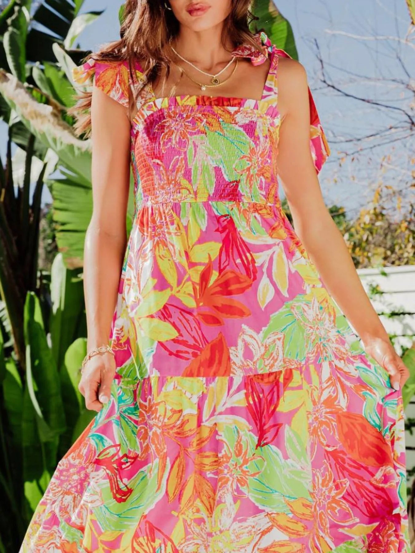 Tropical Print Tie Shoulder Maxi Dress - Lookzlike