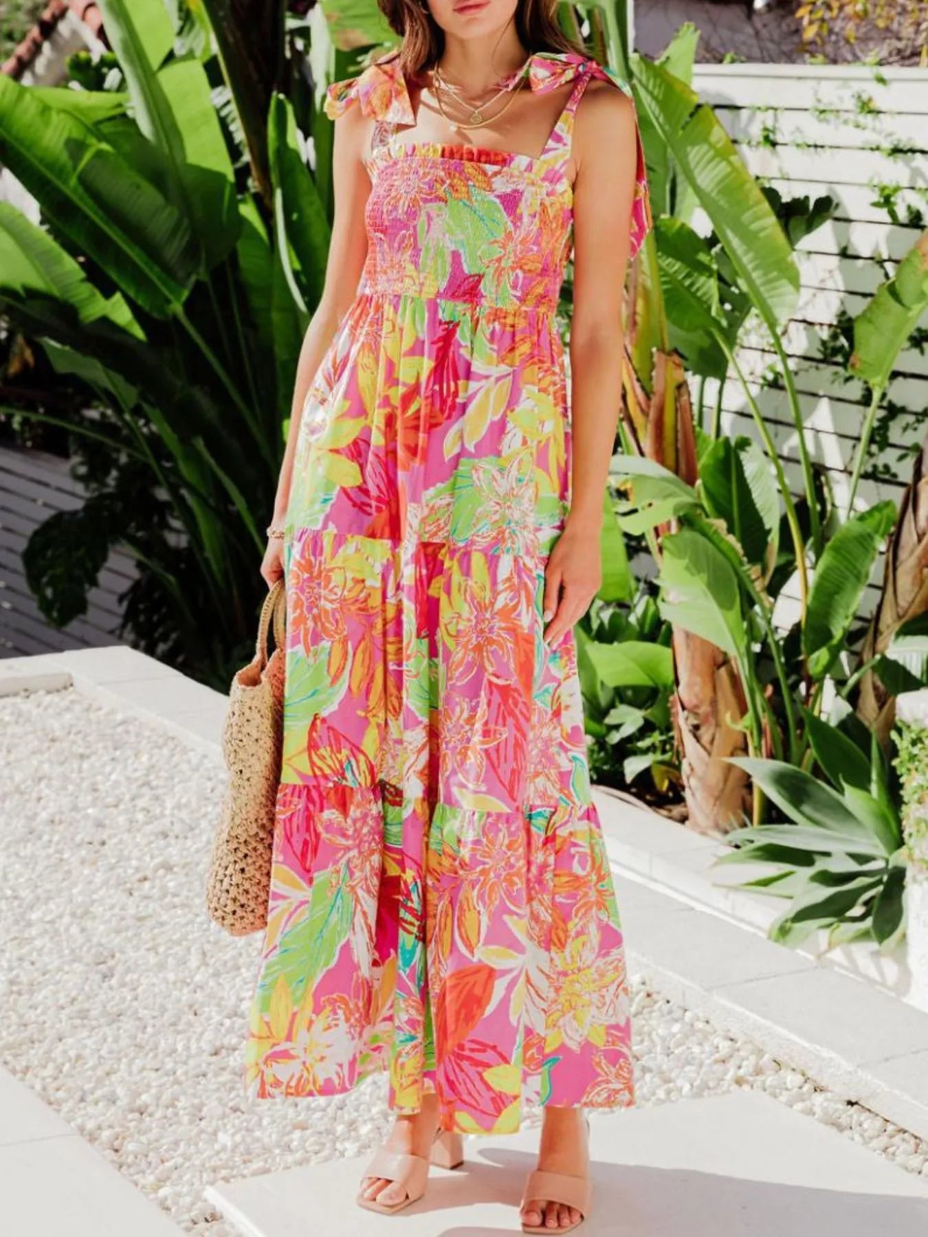 Tropical Print Tie Shoulder Maxi Dress - Lookzlike