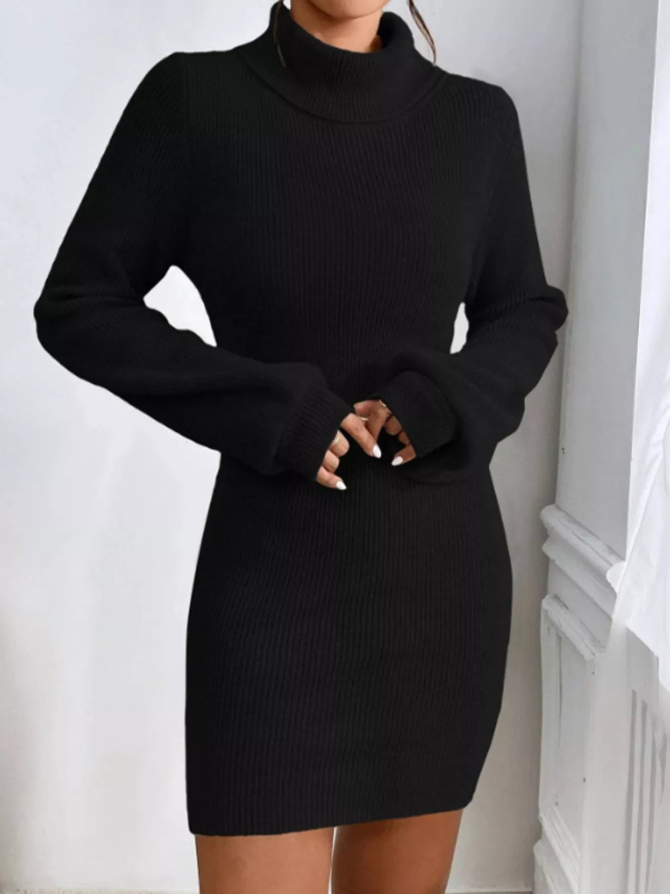 Turtleneck Ribbed Knit Sweater Dress designed for comfort and style at Lookzlike