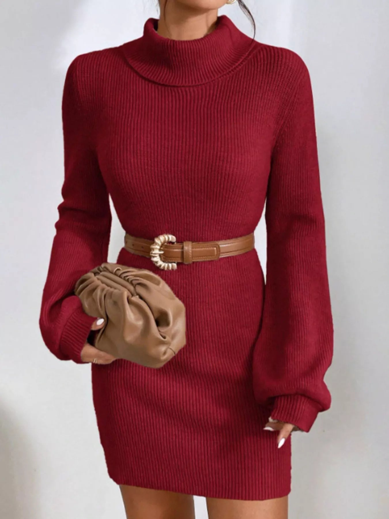 Turtleneck Ribbed Knit Sweater Dress designed for comfort and style at Lookzlike
