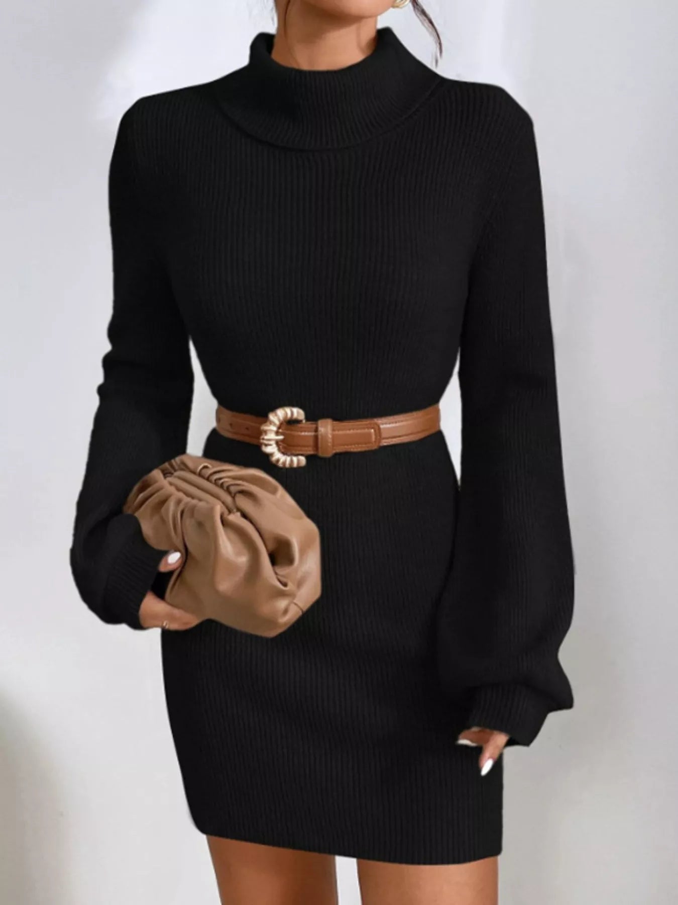 Turtleneck Ribbed Knit Sweater Dress designed for comfort and style at Lookzlike