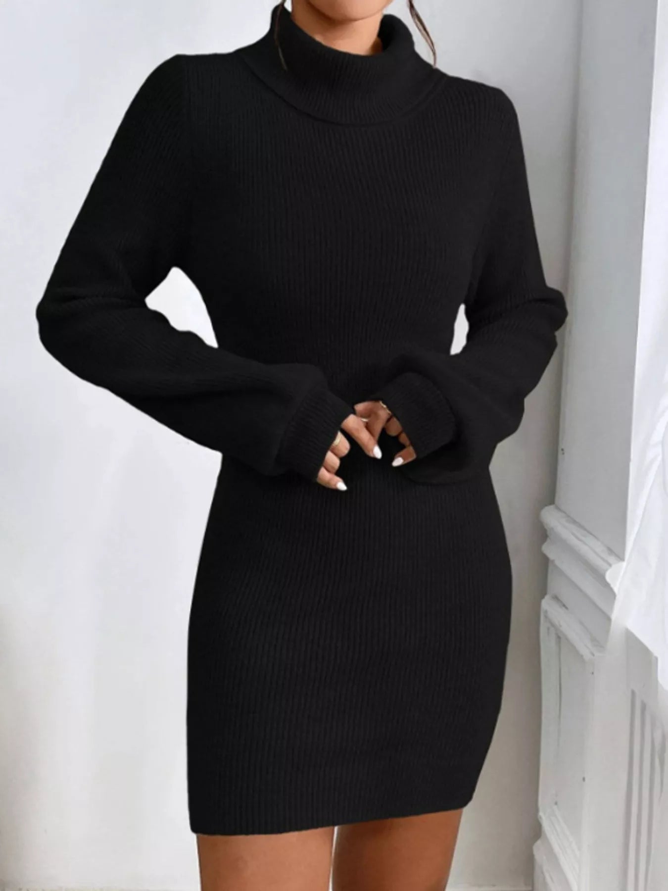 Turtleneck Ribbed Knit Sweater Dress designed for comfort and style at Lookzlike