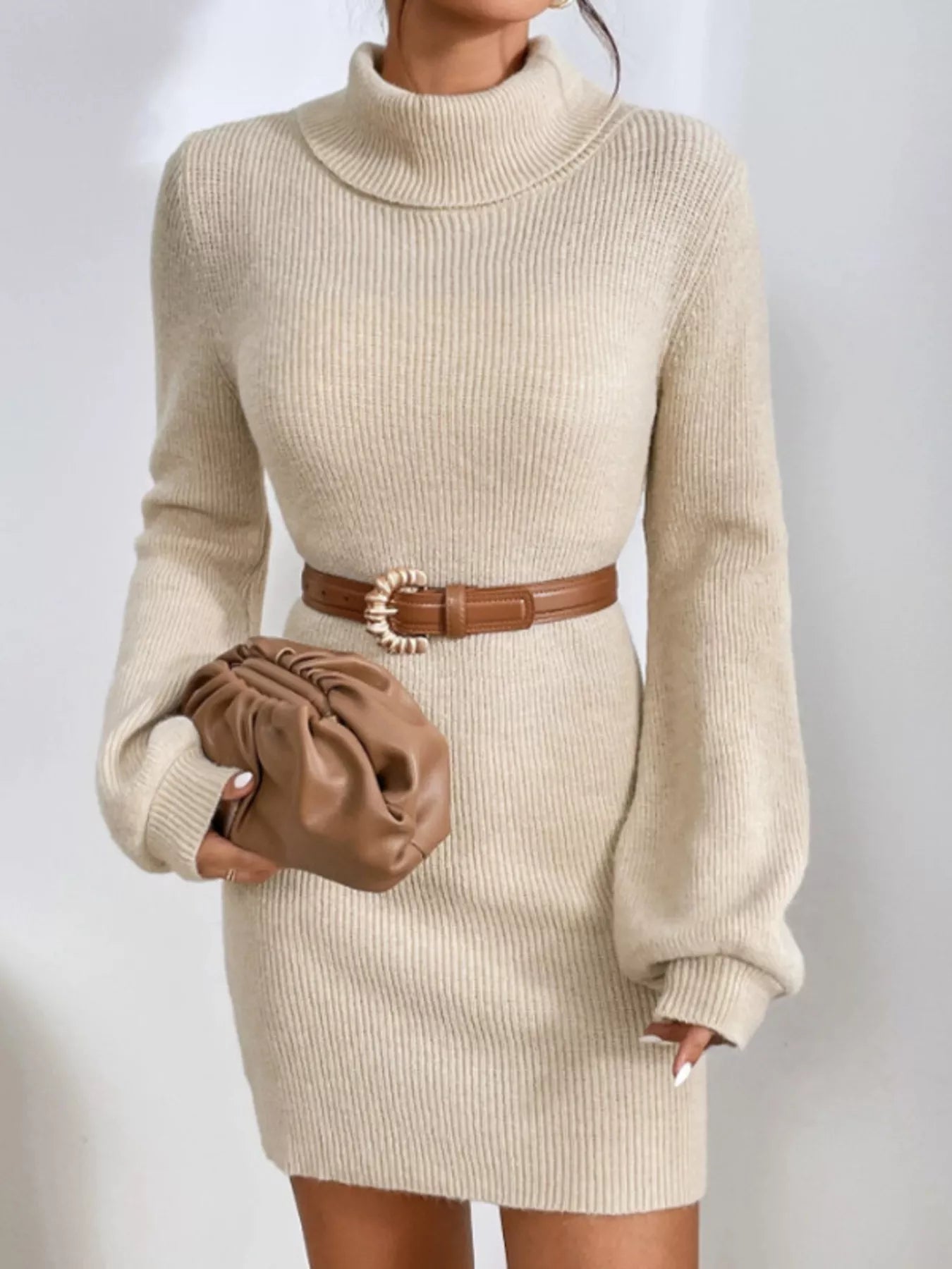 Turtleneck Ribbed Knit Sweater Dress designed for comfort and style at Lookzlike