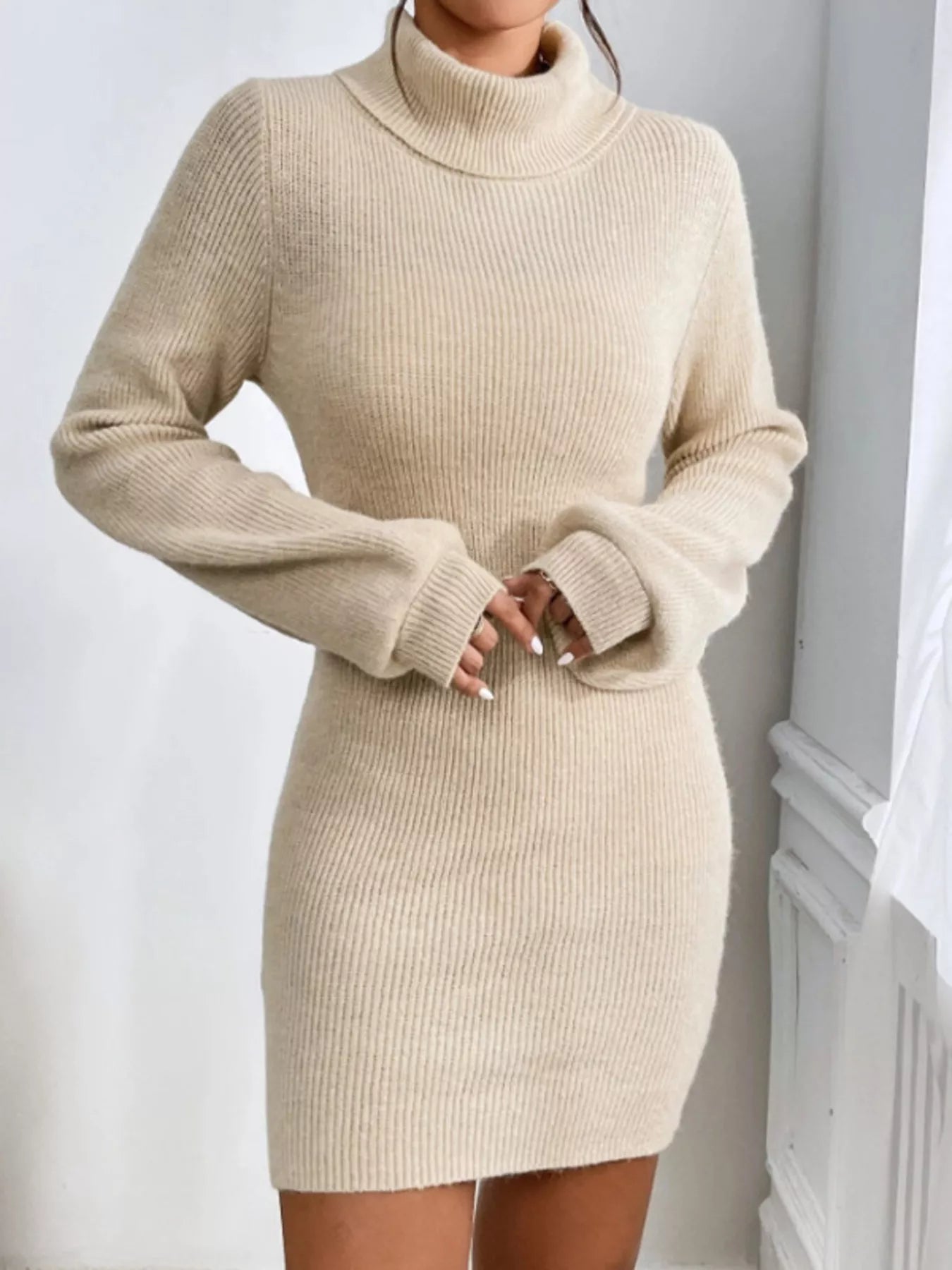 Turtleneck Ribbed Knit Sweater Dress designed for comfort and style at Lookzlike