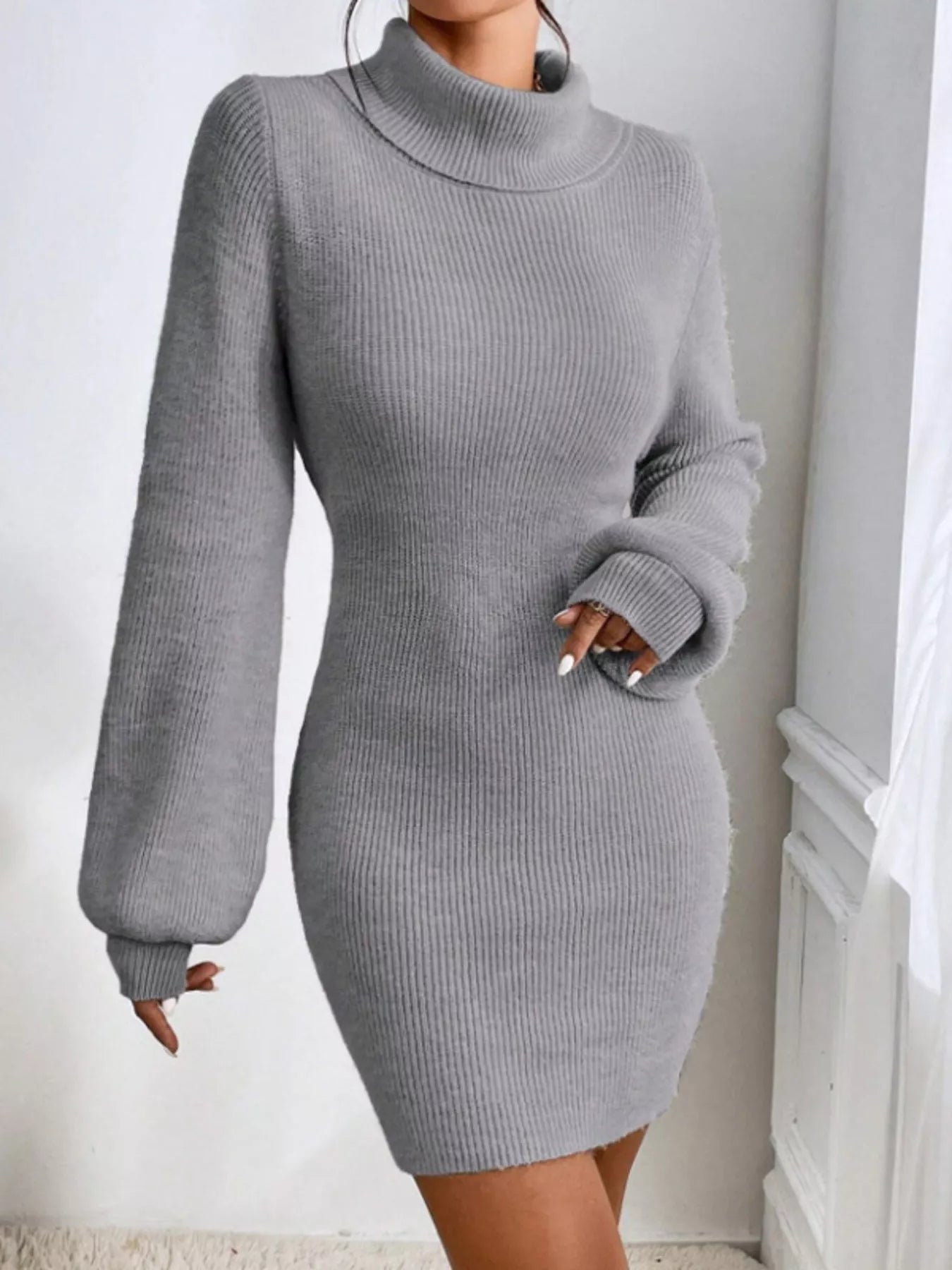 Turtleneck Ribbed Knit Sweater Dress designed for comfort and style at Lookzlike
