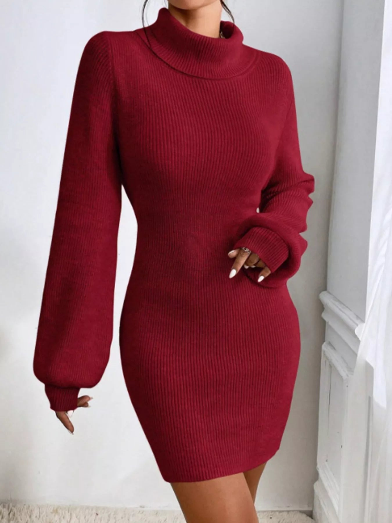 Turtleneck Ribbed Knit Sweater Dress designed for comfort and style at Lookzlike