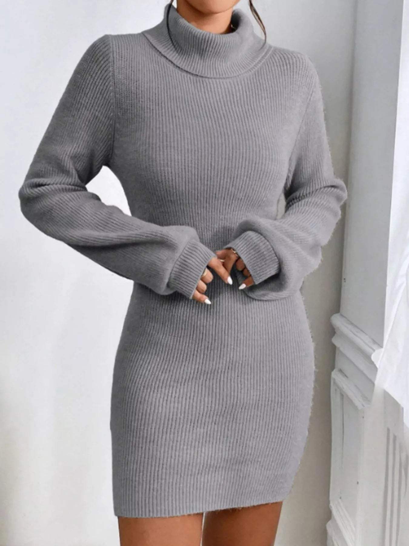 Turtleneck Ribbed Knit Sweater Dress designed for comfort and style at Lookzlike